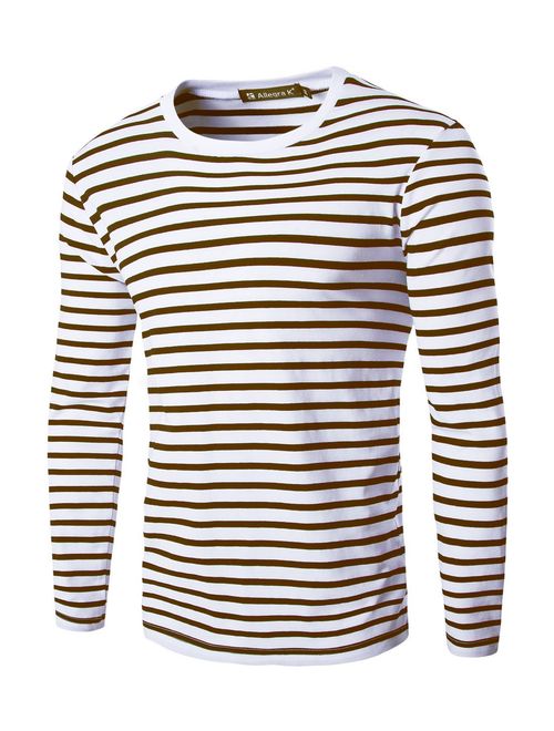 uxcell Men's Casual Striped T Shirt Crew Neck Long Sleeve Knitted Pullover Tee Top