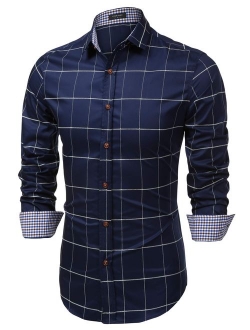 Men's Fashion Long Sleeve Plaid Button Down Shirts Casual Dress Shirt