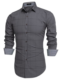 Men's Fashion Long Sleeve Plaid Button Down Shirts Casual Dress Shirt