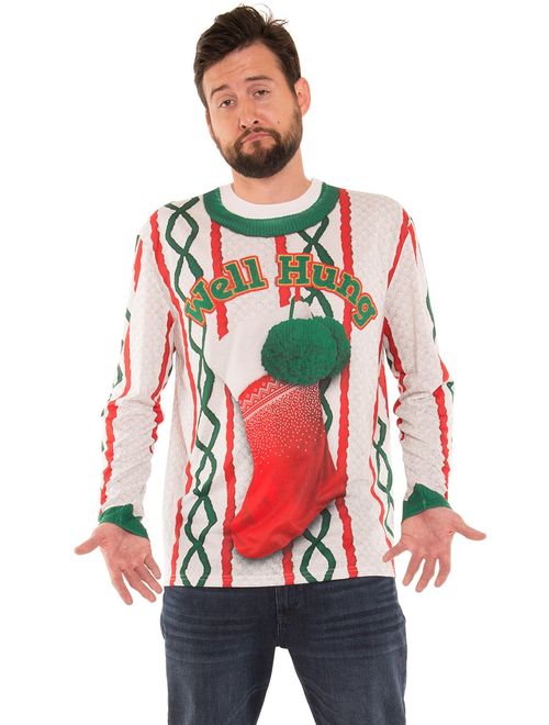 Faux Real Men's 3D Photo-Realistic Naughty Ugly Christmas Sweater Long Sleeve T-Shirt