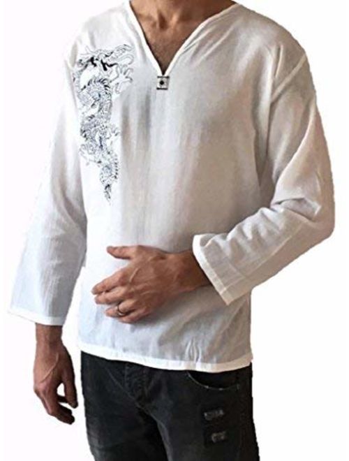 Men's White Dragon Shirt 100% Cotton Hippie Top