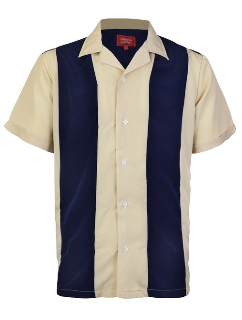 Men's Retro Classic Charlie Sheen Two Tone Guayabera Bowling Casual Dress Shirt