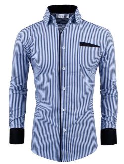 TAM WARE Men's Classic Slim Fit Vertical Striped Long Sleeve Dress Shirt