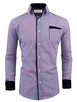 TAM WARE Men's Classic Slim Fit Vertical Striped Long Sleeve Dress Shirt