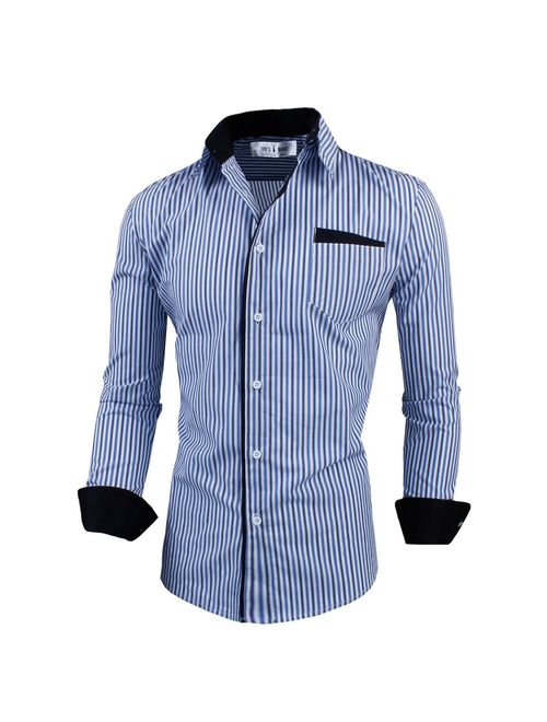 TAM WARE Men's Classic Slim Fit Vertical Striped Long Sleeve Dress Shirt