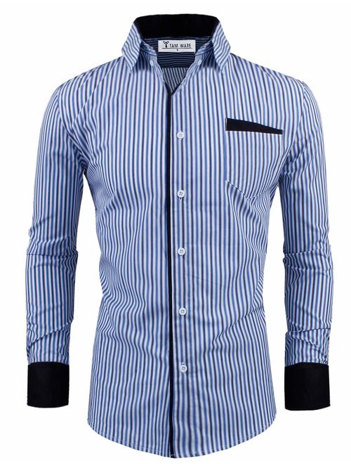 TAM WARE Men's Classic Slim Fit Vertical Striped Long Sleeve Dress Shirt