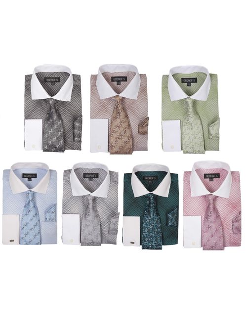 George's Small Check Pattern Fashion Dress Shirt With Woven Tie Set AH624