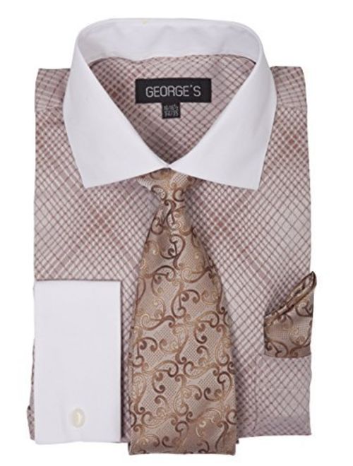 George's Small Check Pattern Fashion Dress Shirt With Woven Tie Set AH624