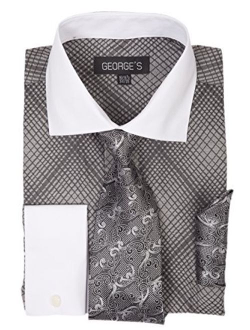 George's Small Check Pattern Fashion Dress Shirt With Woven Tie Set AH624