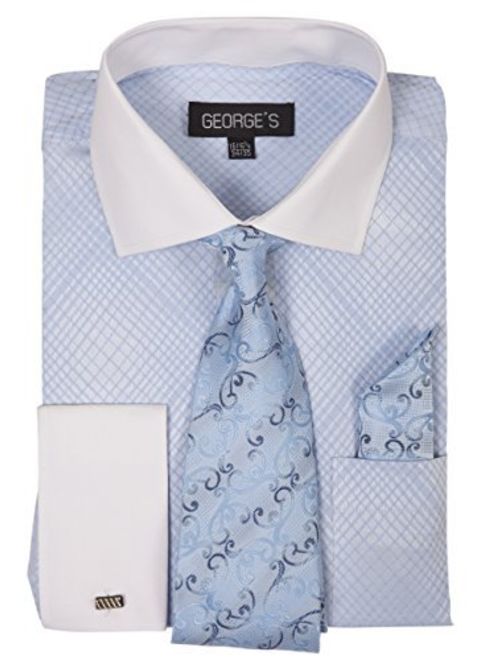 George's Small Check Pattern Fashion Dress Shirt With Woven Tie Set AH624