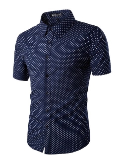 uxcell Men Short Sleeves Dots Allover Print Cotton Button Down Shirt