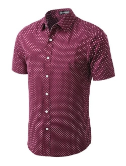 uxcell Men Short Sleeves Dots Allover Print Cotton Button Down Shirt