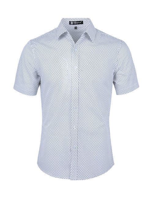 uxcell Men Short Sleeves Dots Allover Print Cotton Button Down Shirt