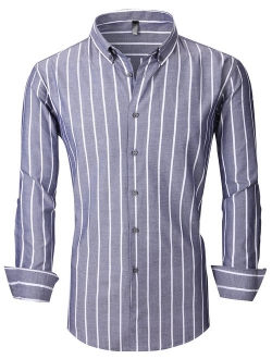 XTAPAN Men's Long Sleeve Casual Slim Fit Vertical Striped Button Down Dress Shirt