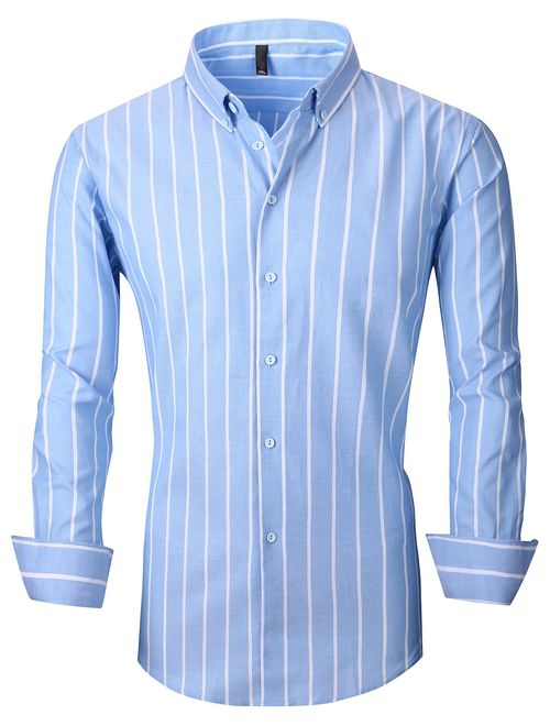 XTAPAN Men's Long Sleeve Casual Slim Fit Vertical Striped Button Down Dress Shirt