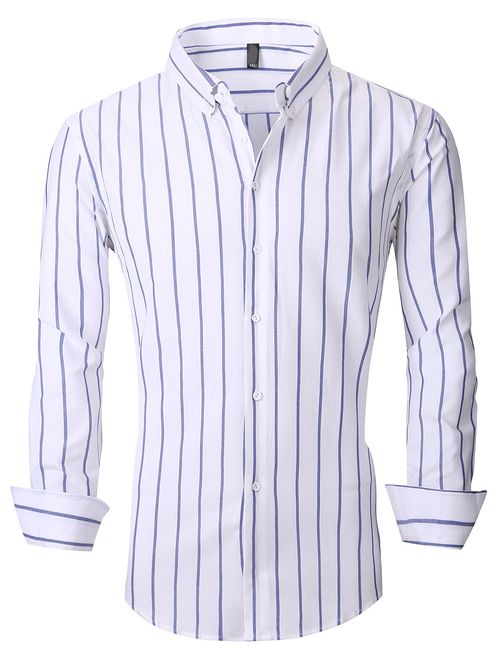 XTAPAN Men's Long Sleeve Casual Slim Fit Vertical Striped Button Down Dress Shirt