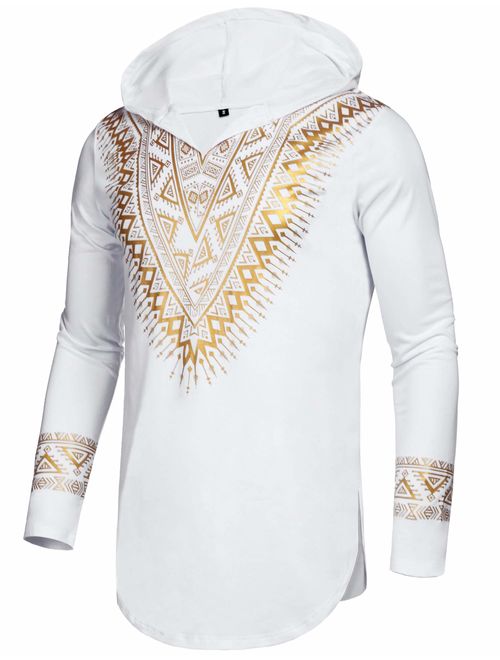 Pacinoble Mens African Dashiki Shirt Metallic Floral Printed Slim Fit Long Sleeve V Neck Shirts Blouse