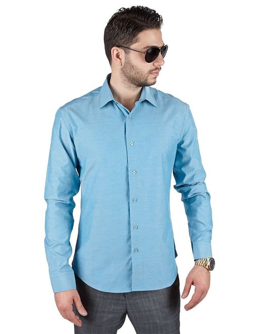 Slim Fit Men's Dress Shirt Solid Color Long Sleeves Spread Collar Fitted by AZAR