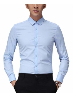 Plaid&Plain Men's Slim Fit Dress Shirts Spread Collar Poplin Shirt Wrinkle Free Shirts