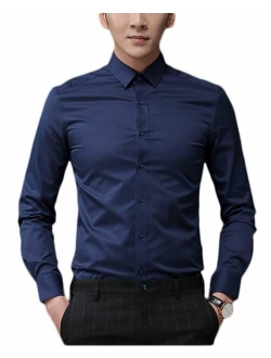 Plaid&Plain Men's Slim Fit Dress Shirts Spread Collar Poplin Shirt Wrinkle Free Shirts