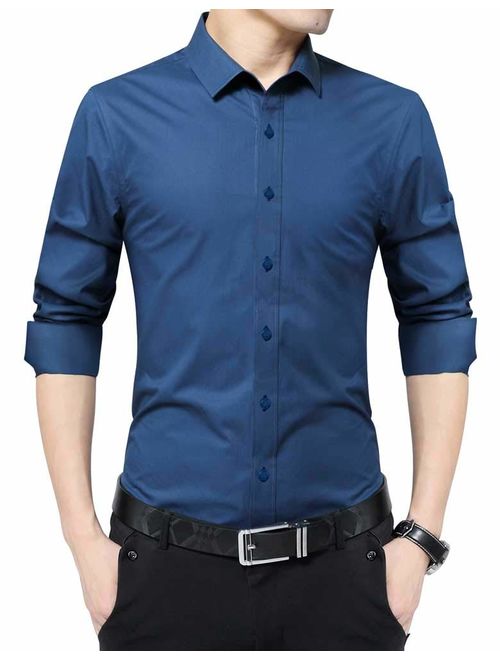 Plaid&Plain Men's Slim Fit Dress Shirts Spread Collar Poplin Shirt Wrinkle Free Shirts