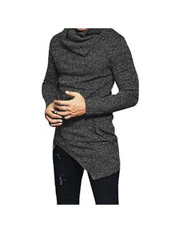 F.Honey Men's Side Pocket Turndown Collar Swag Curved Hem Long Sleeve Cowl Hip Hop Hipster Slim T-Shirt