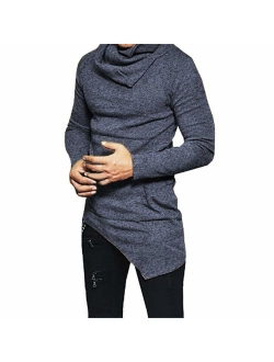 F.Honey Men's Side Pocket Turndown Collar Swag Curved Hem Long Sleeve Cowl Hip Hop Hipster Slim T-Shirt