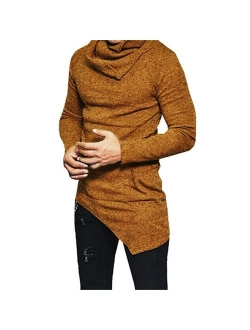 F.Honey Men's Side Pocket Turndown Collar Swag Curved Hem Long Sleeve Cowl Hip Hop Hipster Slim T-Shirt