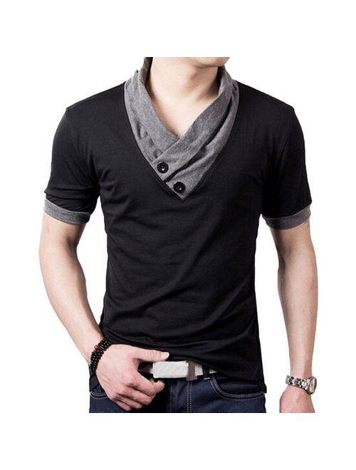 L'ASHER Men Summer Fashion Button V Neck Slim Muscle Tops Tee T Shirt Long Short Sleeve