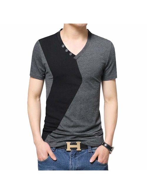 L'ASHER Men Summer Fashion Button V Neck Slim Muscle Tops Tee T Shirt Long Short Sleeve