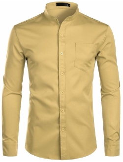 Men's Slim Fit Long Sleeve Casual Button Down No Collar Dress Shirts with Pocket