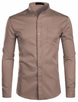 Men's Slim Fit Long Sleeve Casual Button Down No Collar Dress Shirts with Pocket