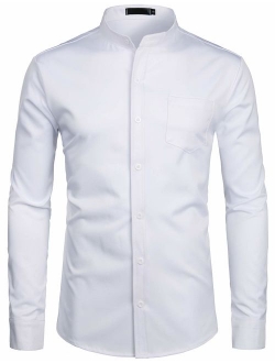 Men's Slim Fit Long Sleeve Casual Button Down No Collar Dress Shirts with Pocket