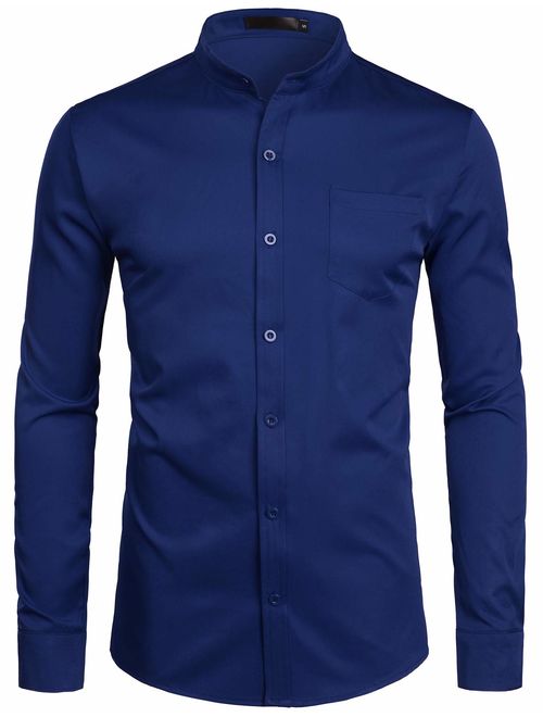 ZEROYAA Men's Slim Fit Long Sleeve Casual Button Down No Collar Dress Shirts with Pocket