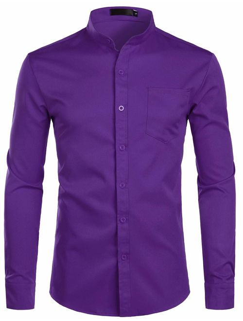 ZEROYAA Men's Slim Fit Long Sleeve Casual Button Down No Collar Dress Shirts with Pocket