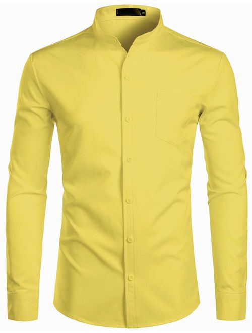 ZEROYAA Men's Slim Fit Long Sleeve Casual Button Down No Collar Dress Shirts with Pocket