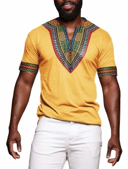 Makkrom Mens Dashiki African Tribal Floral V Neck Short Sleeve T Shirt Blouse Tops