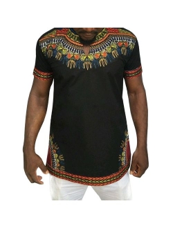 Makkrom Mens Dashiki African Tribal Floral V Neck Short Sleeve T Shirt Blouse Tops