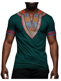 Makkrom Mens Dashiki African Tribal Floral V Neck Short Sleeve T Shirt Blouse Tops