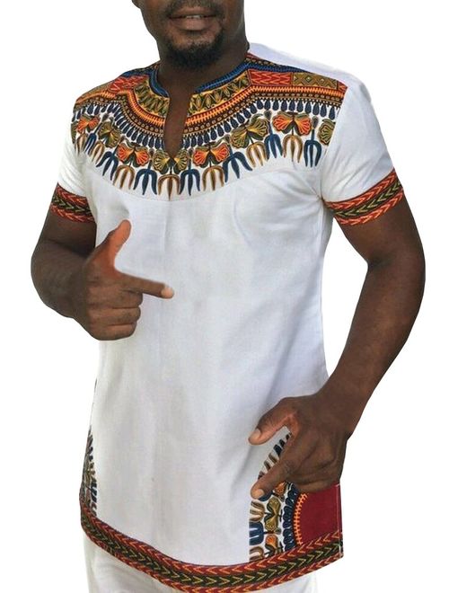 Makkrom Mens Dashiki African Tribal Floral V Neck Short Sleeve T Shirt Blouse Tops