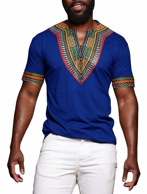 Makkrom Mens Dashiki African Tribal Floral V Neck Short Sleeve T Shirt Blouse Tops