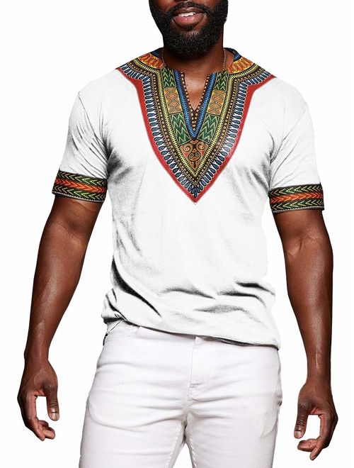 Makkrom Mens Dashiki African Tribal Floral V Neck Short Sleeve T Shirt Blouse Tops