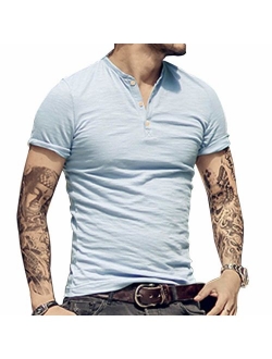 palglg Mens Cotton Muscle Slim Fitted Sport Henley T-Shirt with Button