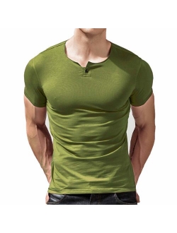 palglg Mens Cotton Muscle Slim Fitted Sport Henley T-Shirt with Button