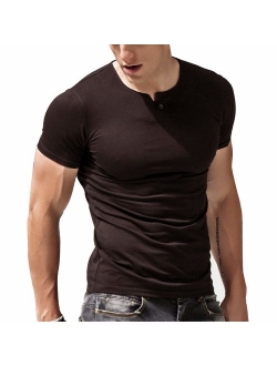 palglg Mens Cotton Muscle Slim Fitted Sport Henley T-Shirt with Button