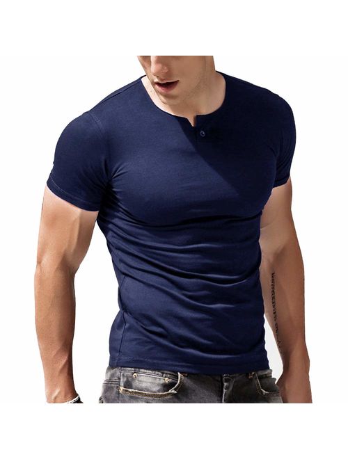 palglg Mens Cotton Muscle Slim Fitted Sport Henley T-Shirt with Button