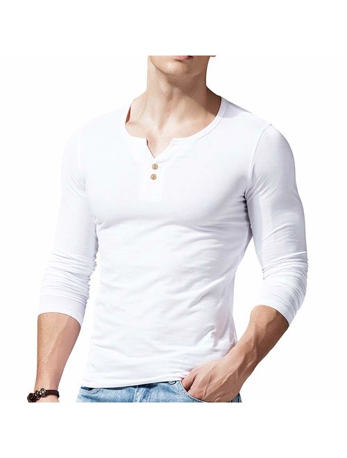 palglg Mens Cotton Muscle Slim Fitted Sport Henley T-Shirt with Button