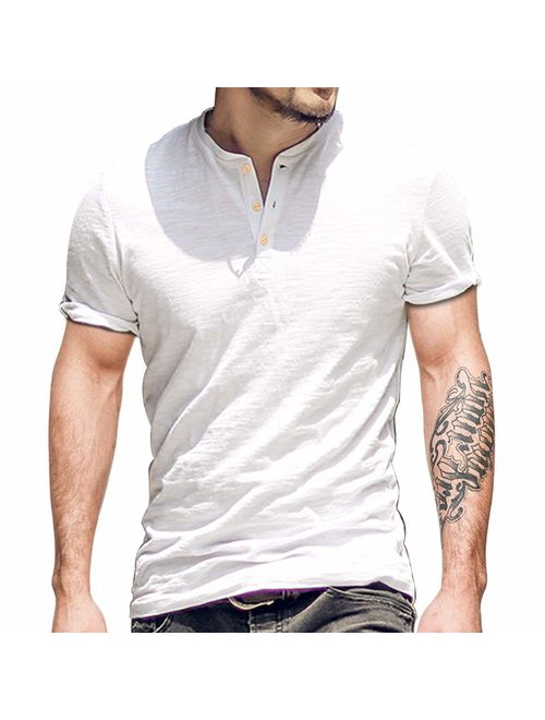 palglg Mens Cotton Muscle Slim Fitted Sport Henley T-Shirt with Button