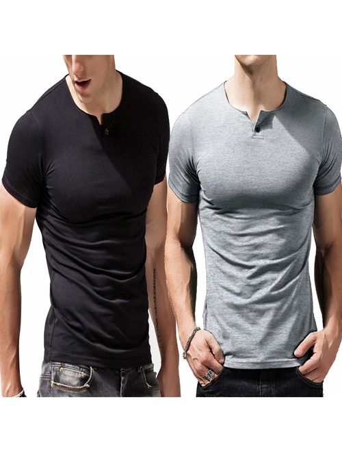 palglg Mens Cotton Muscle Slim Fitted Sport Henley T-Shirt with Button