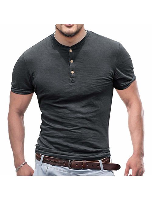 palglg Mens Cotton Muscle Slim Fitted Sport Henley T-Shirt with Button